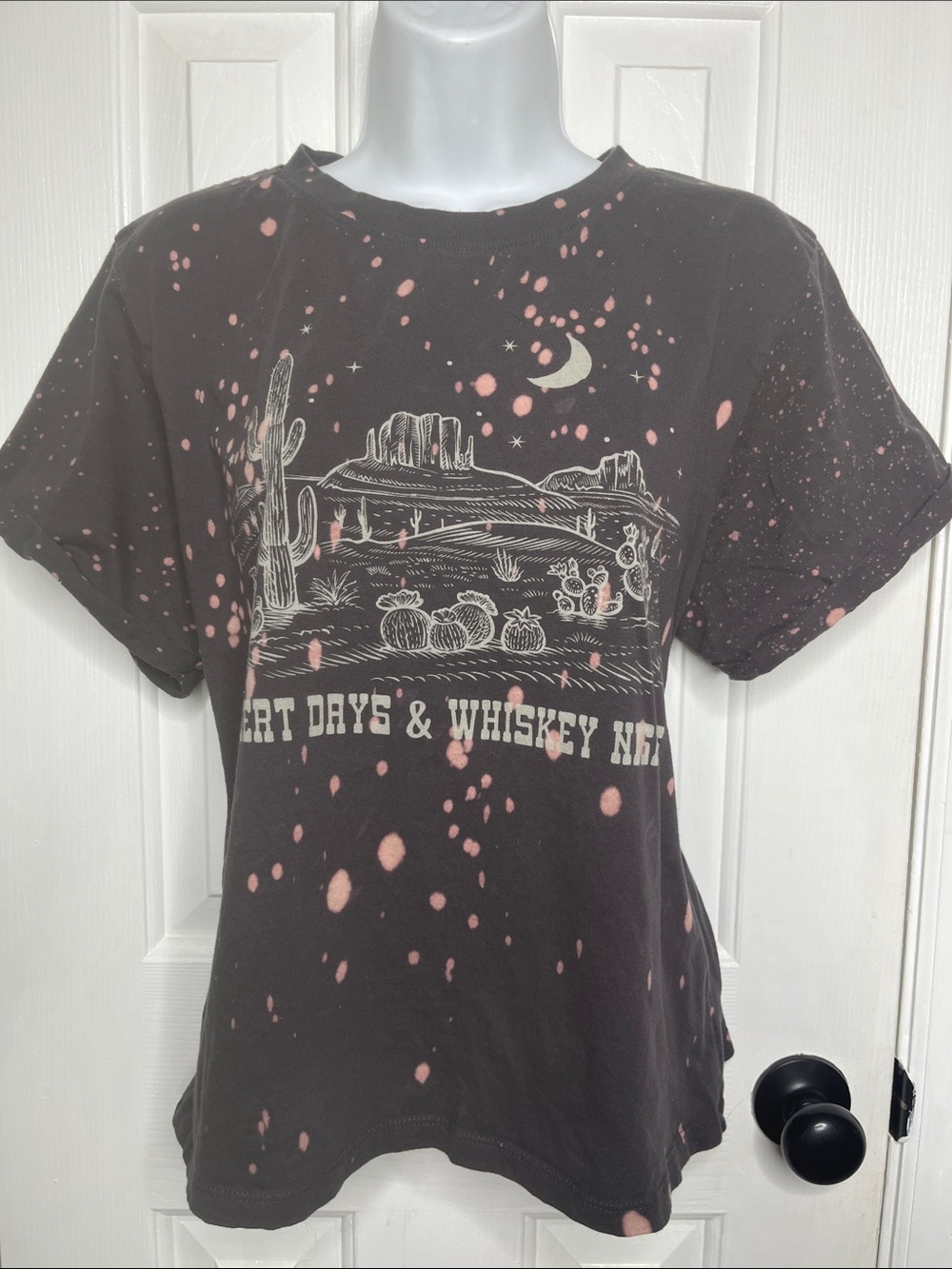 Electric Pink Bleach Splatter Faded Black T-Shirt Desert Days Whiskey Nights LG